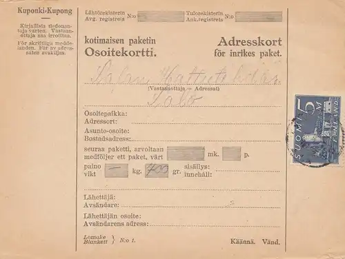 Finlande: Carte de paquets pour Salo 1931