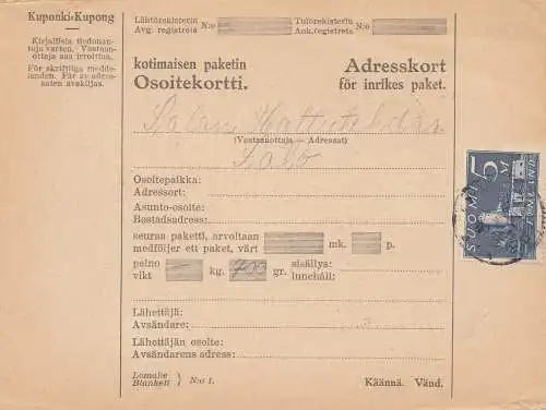 Finnland: Paketkarte nach Salo 1931