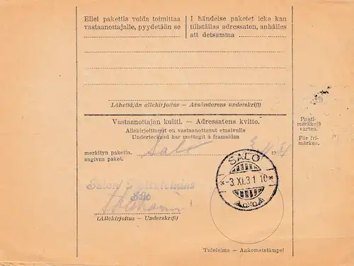 Finlande: Carte de paquets pour Salo 1931