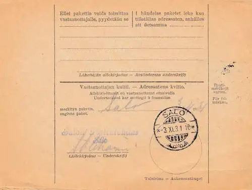 Finnland: Paketkarte nach Salo 1931