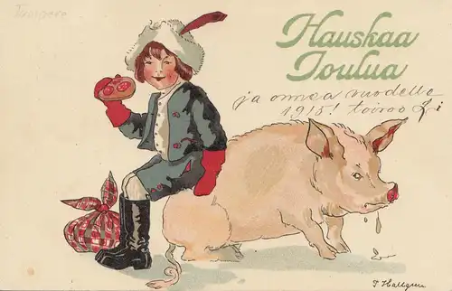 Finlande: 1914/15: Carte Hauskaa Joulia: porc/enfant
