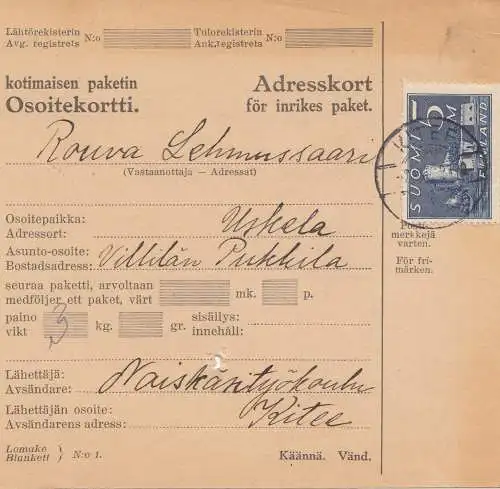 Finlande: 1931: Carte de paquets pour Uskela