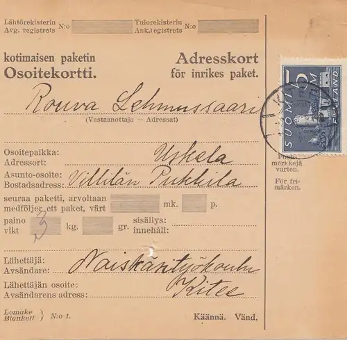 Finnland: 1931: Paketkarte nach Uskela