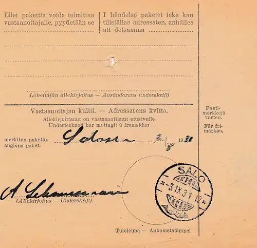 Finlande: 1931: Carte de paquets pour Uskela