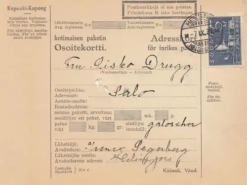Finlande: 1931: Carte de paquet d'Helsinki