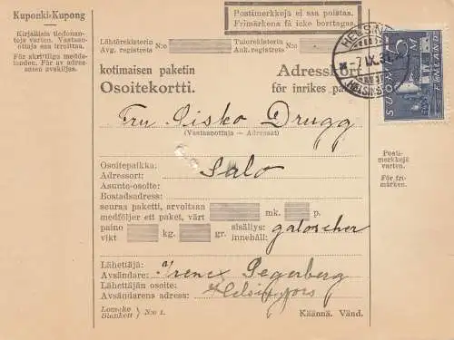 Finnland: 1931: Paketkarte von Helsinki
