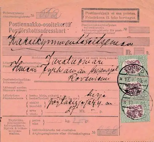 Finlande: 1929: Carte de Paquet de Tornio