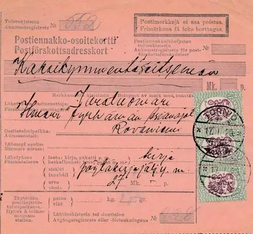 Finnland: 1929: Paketkarte von Tornio