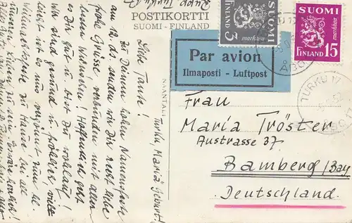 Finnland: 1952: Turku Ansichtskarte Luftpost nach Bamberg