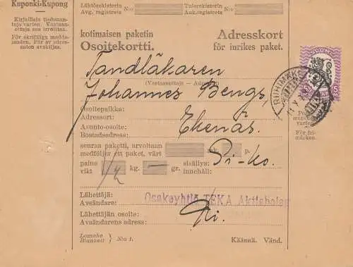 Finlande: 1929: Carte de colis Riihimäki