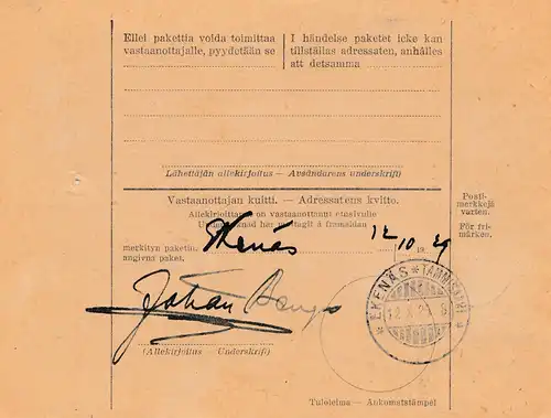 Finnland: 1929: Paketkarte Riihimäki