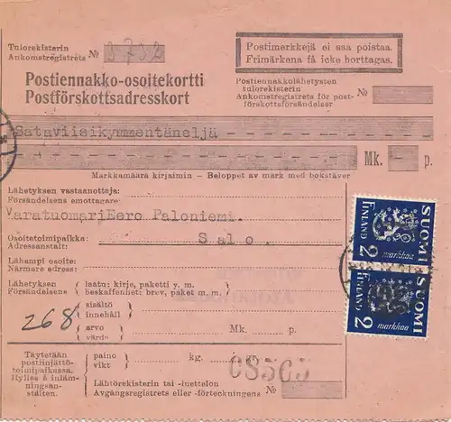Finlande: 1931: Carte de paquets pour Salo
