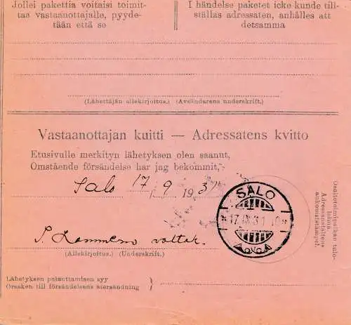 Finnland: 1931: Paketkarte nach Salo