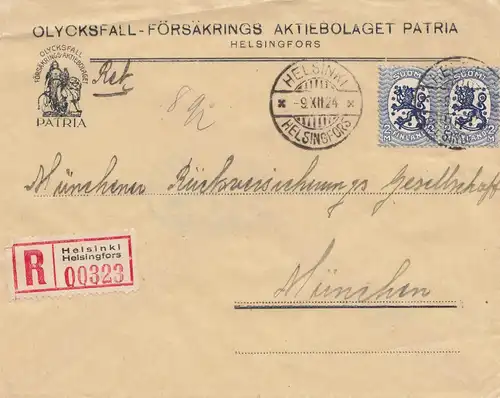 Finnland: 1924: Einschreiben Helsinki nach München