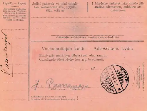 Finnland: 1926: Paketkarte Forssa 