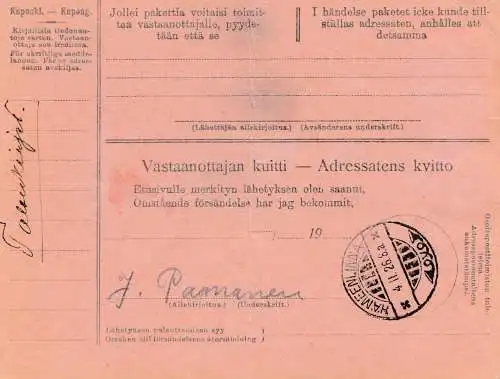 Finnland: 1926: Paketkarte Forssa 