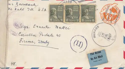 Fiume: 1941: États-Unis vers Fiuse - Poste aérien - censure