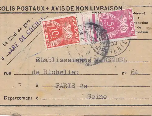 France: 1955: Avis de non Livraison: SNCF Gare Cognac vers Paris