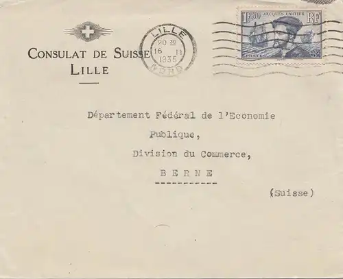 France: 1935: Consulat Suisse à Lille vers Berne