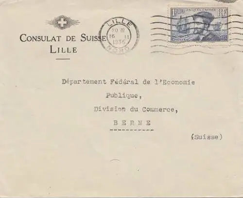 France: 1935: Consulat Suisse à Lille vers Berne