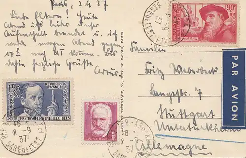 France: 1937: Carte de visite Pris comme poste aérien à Stuttgart