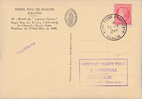 France: 1949: Carte de l'Hôtel-Dieu De Beaune