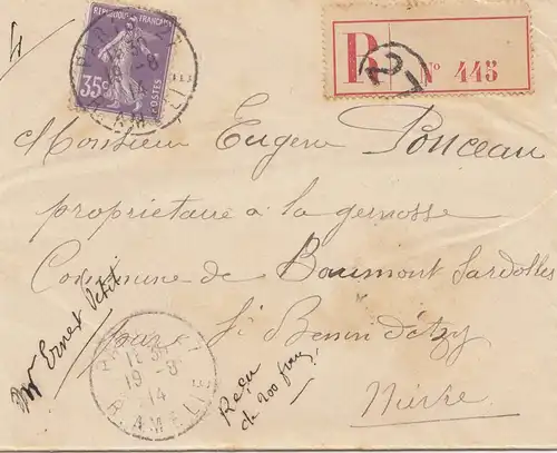 France: 1914: Lettre recommandé Paris vers Saint-Bénin