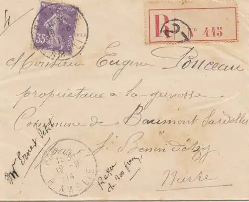 France: 1914: Lettre recommandé Paris vers Saint-Bénin