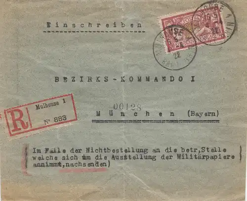 France:1922: Lettre recommandé Mulhouse vers Munich: kommando de district I