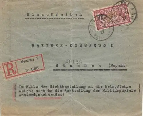 France:1922: Lettre recommandé Mulhouse vers Munich: kommando de district I