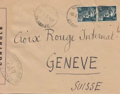 Frankreich: 1945: Uzerche nach Genf-Rotes Kreuz - Zensur