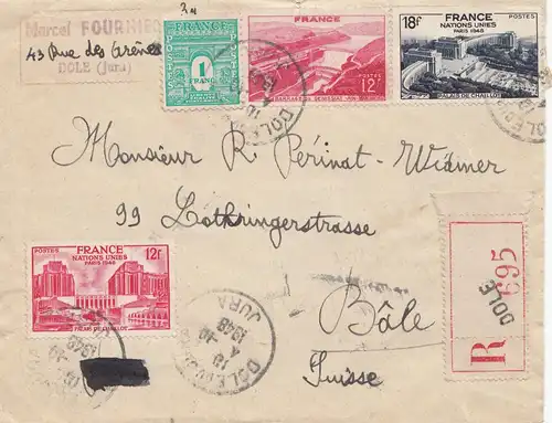 France: 1948: lettre recommandée Dole vers Bâle/Suisse