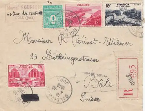 Frankreich: 1948: Einschreiben Dole nach Basel/Schweiz
