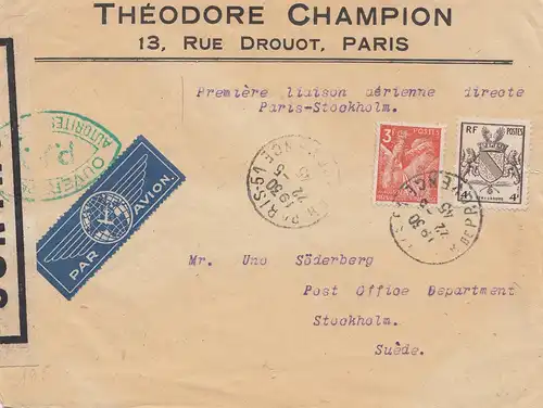 France: 1945: Paris comme courrier aérien à Stockholm, signé