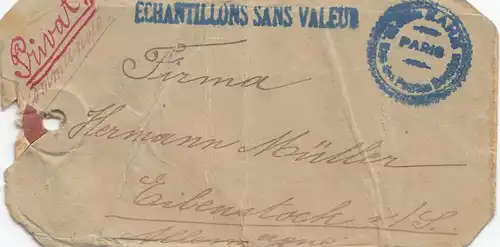 Frankreich: 1912: Paketanhänger von Paris nach Deutschland - Einschreiben