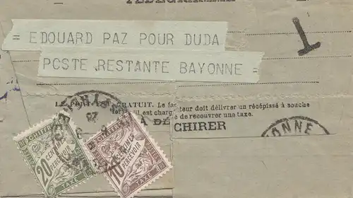 France: 1926: Telegramme Bayonne - Taxe