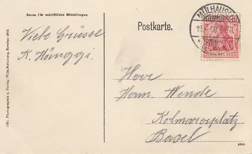 France: 1908: Carte de Mühlhausen à Bâle