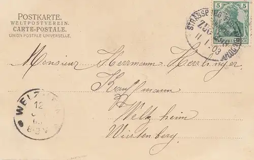 France: 1903: Carte postale avec le courrier ferroviaire Strasbourg Avricurt