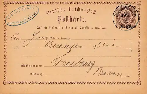 Frankreich: 1873: Ganzsache Bischwiller nach Freiburg