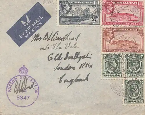 Gibraltar:  1942: Luftpostbrief nach England - Zensur