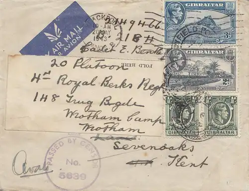 Gibraltar:  1943: Luftpostbrief nach England - Zensur