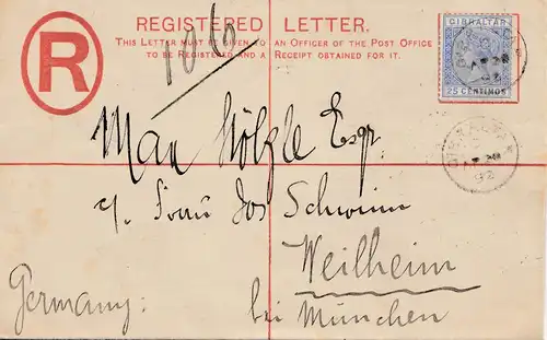 Gibraltar: 1892: Brief nach Weilheim/München-Einschreiben