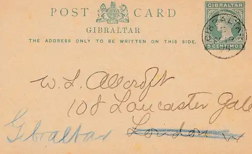 Gibraltar: Ganzsache nach London - zurück 1895
