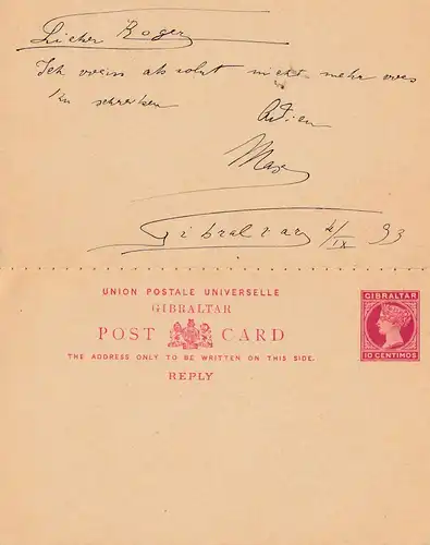 Gibraltar: 1893: Tout ce qui est en Italie, carte de réponse non utilisée