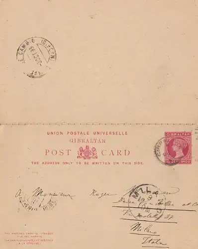 Gibraltar: 1893: Tout ce qui est en Italie, carte de réponse non utilisée