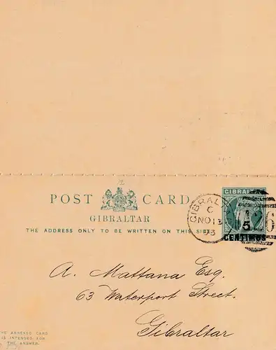 Gibraltar: 1893: Ganzsache mit Antwortkarte P12