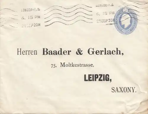 England: 1920: Brief London nach Leipzig - Ganzsache