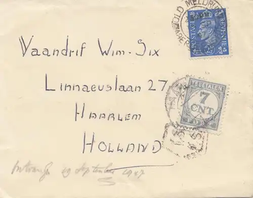 Angleterre: 1947: Lettre pour la Hollande - Tax - Haarlem