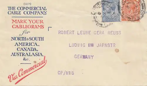 England: 1926: Letter to Germany-Comercial Cable-Wormwood