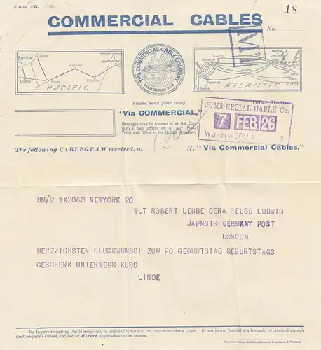 Angleterre: 1926: Letter to Germany-Comercial Cable-Wormwood